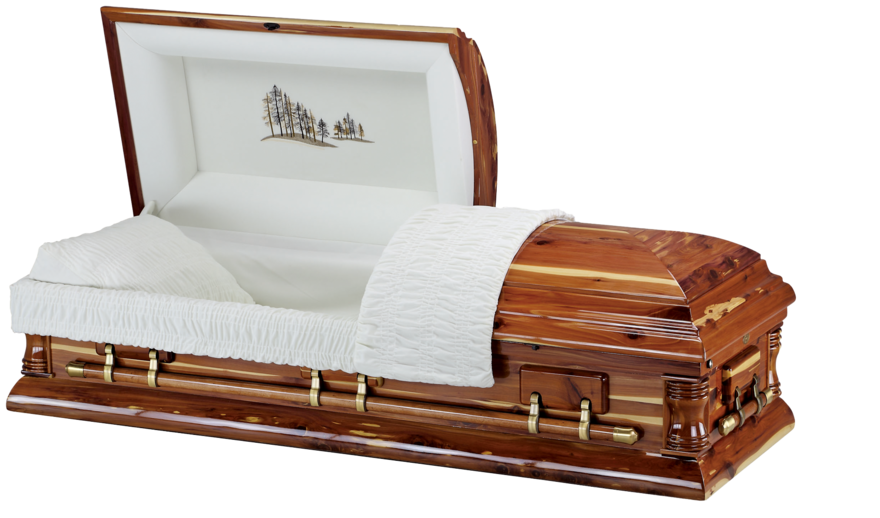 A NuLogic steel casket with a copper finish and adjustable interior